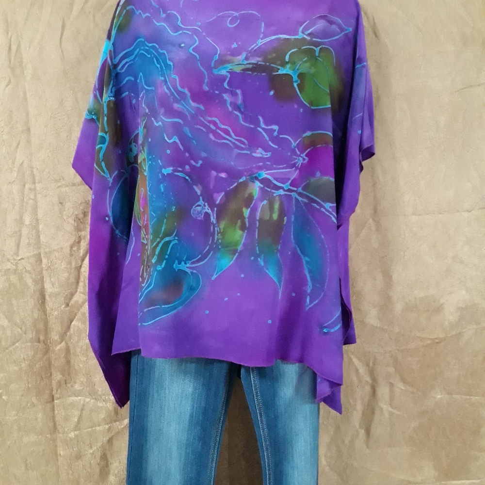 Hand-painted 100% silk kimono cover up blouse